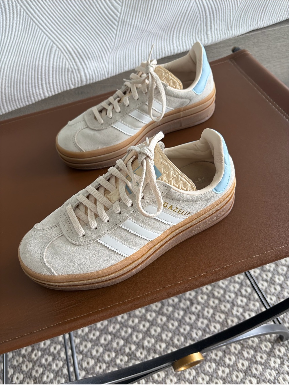 adidas Gazelle Cream Suede Sneakers with Light Blue Heel Tab
